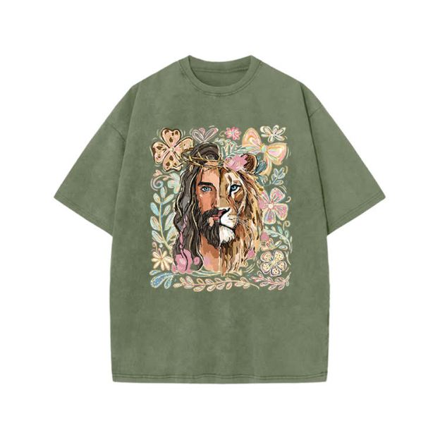 Vintage Lion Portrait Print Acid Washed T-shirt - Army Green - US20-22(3XL) - image 6