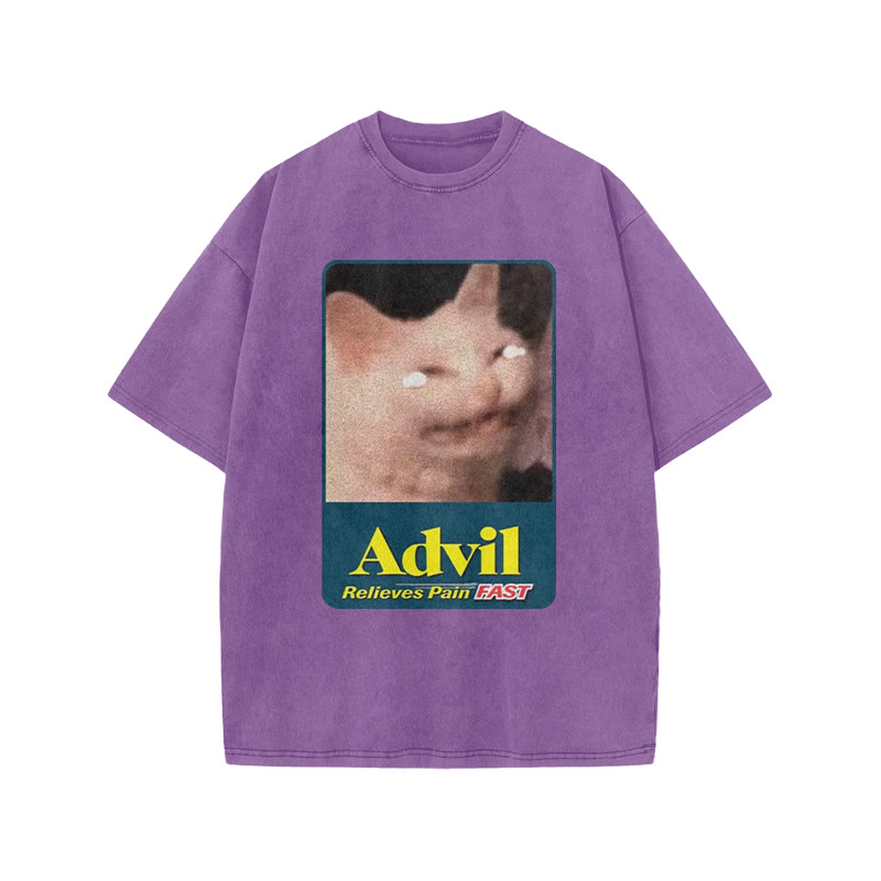 Relieves Pain Fast Crying Cat Funny Print Acid Washed T-shirt - Purple - US20-22(3XL) - image 9