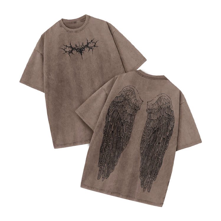 Vintage Angel Wings Graphic Print Acid Washed T-shirt - Coffee - US20-22(3XL) - image 5