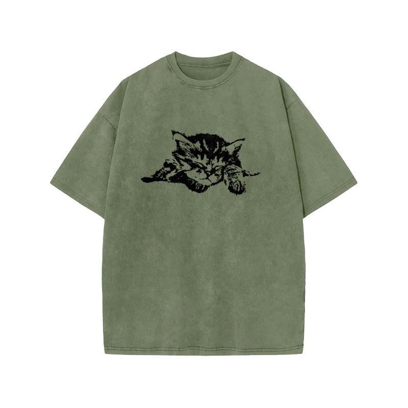 Unisex 100% Cotton Quiet Sleeping Cat Print Acid Washed T-shirt - Army Green - US20-22(3XL) - image 5