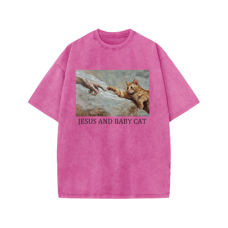 Unisex 100% Cotton Jesus And Baby Cat Print Acid Washed T-shirt - Pink - US20-22(3XL) - image 7