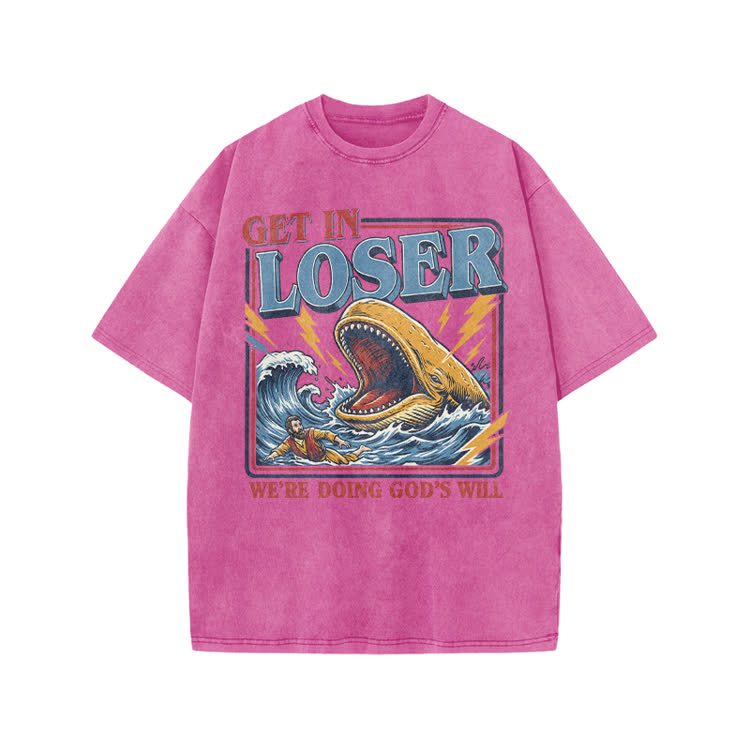 Street Retro Get In Loser Graphic Print Acid Washed T-shirt - Pink - US20-22(3XL) - image 8