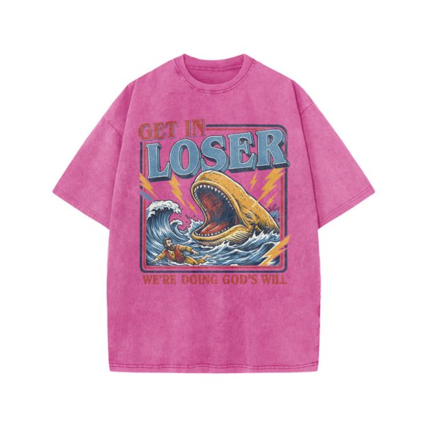 Street Retro Get In Loser Graphic Print Acid Washed T-shirt - Pink - US20-22(3XL) - image 8