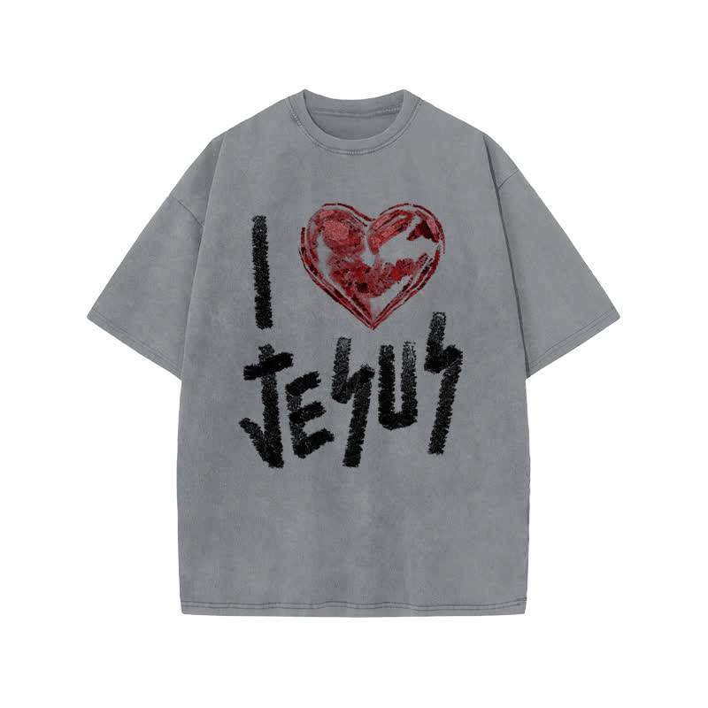 Unisex 100% Cotton I Love Jesus Print Acid Washed T-shirt - Grey - US20-22(3XL) - image 4
