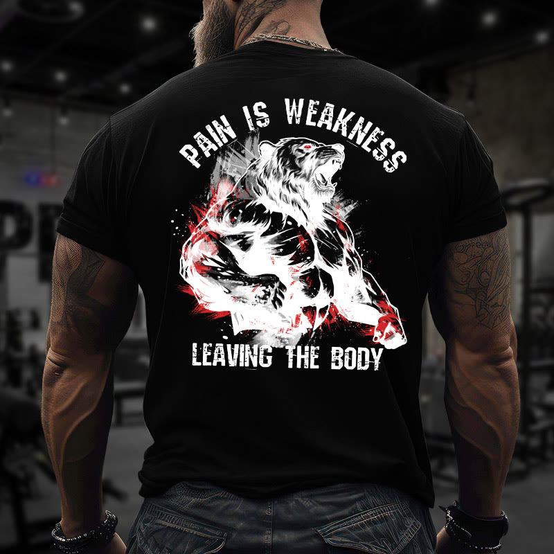 Gym 100% Cotton Pain Is The Weakness Leaving The Body Print T-shirt - Black - US16-18(2XL) - image 3
