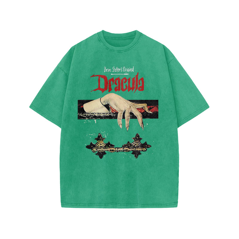 Unisex 100% Cotton Dracula Hand Print Acid Washed T-shirt - Green - US20-22(3XL) - image 5