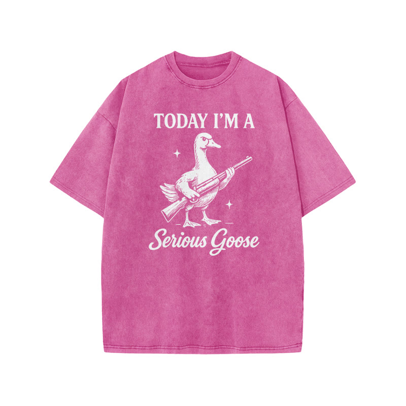 Today I'm A Serious Goose Print Acid Washed T-shirt - Pink - US20-22(3XL) - image 9