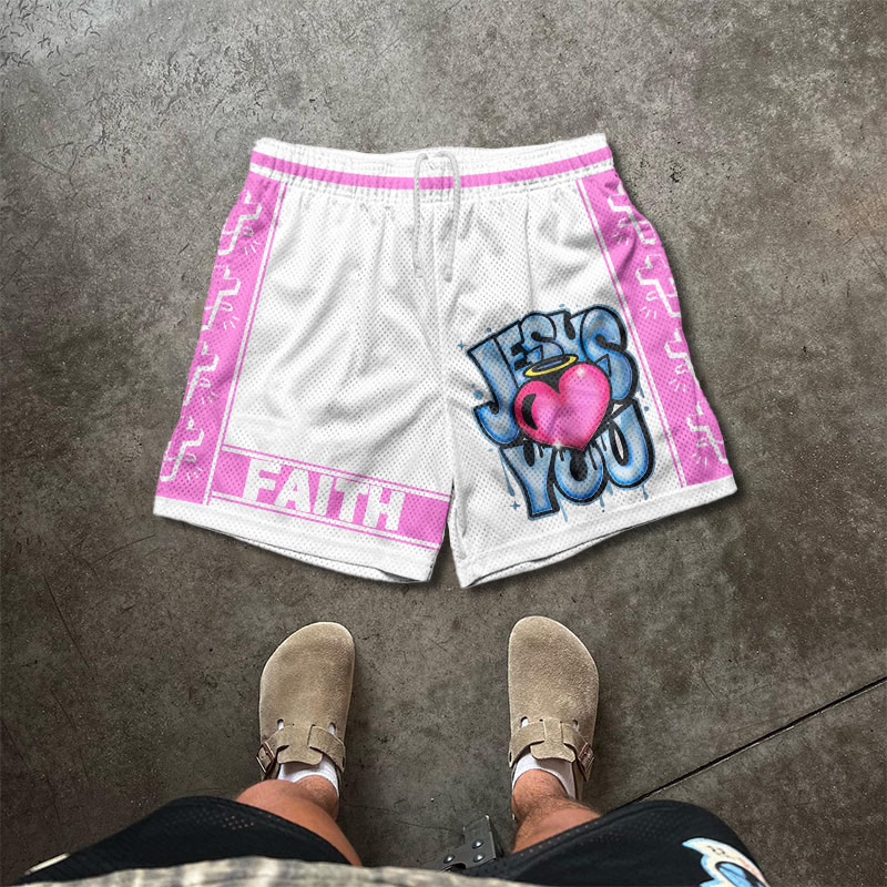 Jesus Loves You Heart Print Mesh Shorts - White - 5XL - image 1