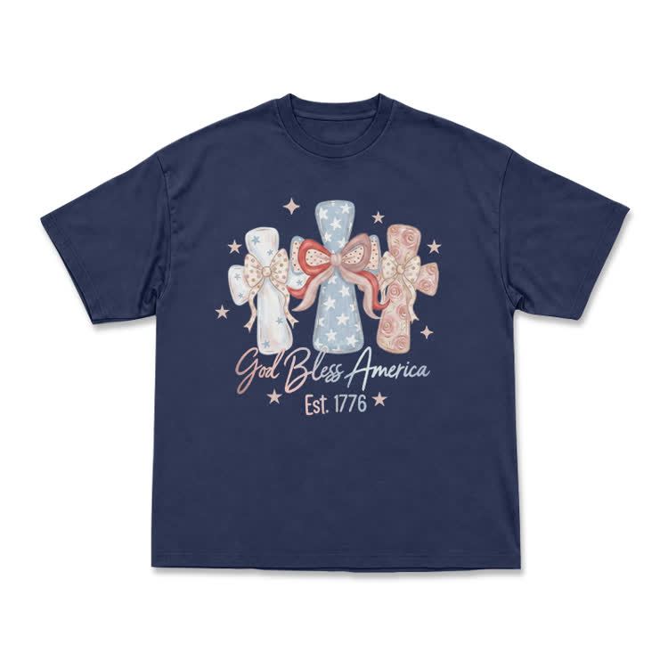 Patriotic Bow Graphic God Bless America T-Shirt - Navy Blue - US16-18(2XL) - image 13
