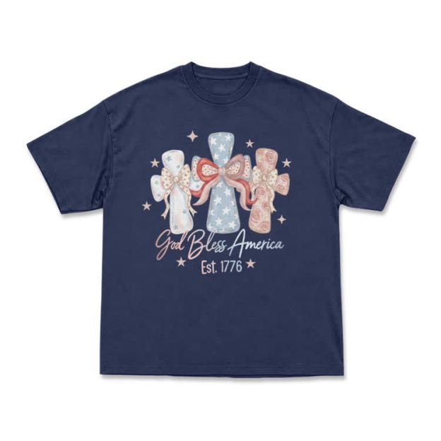 Patriotic Bow Graphic God Bless America T-Shirt - Navy Blue - US16-18(2XL) - image 13