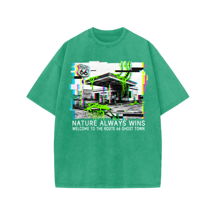 Vintage Route 66 Ghost Town Graphic Print Acid Washed T-shirt - Green - US20-22(3XL) - image 6