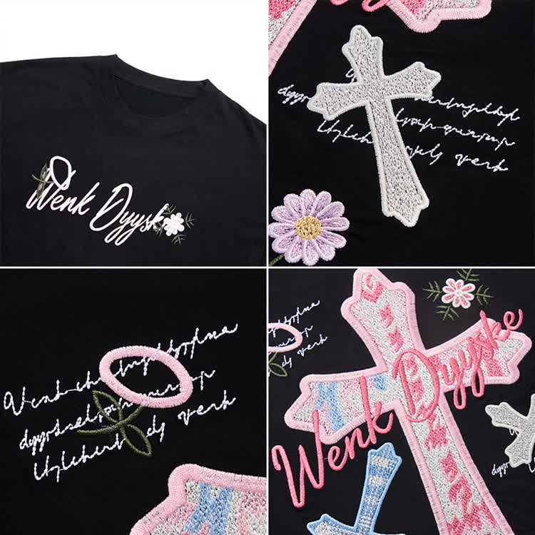 Casual Floral Script and cross Embroidered Round Neck T-Shirt - image 20