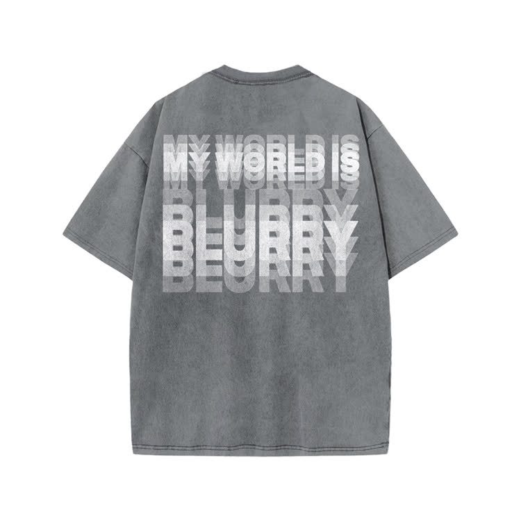 My World Is Blurry Print Acid Washed T-shirt - Grey - US20-22(3XL) - image 3
