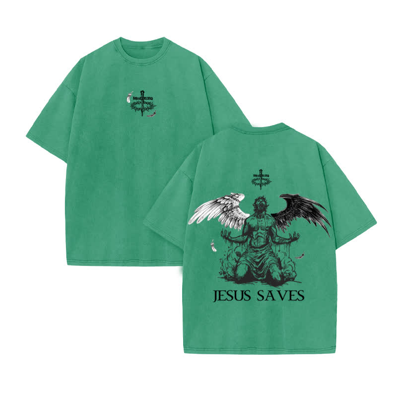 Unisex Jesus Saves Print Acid Washed T-shirt - Green - US20-22(3XL) - image 7