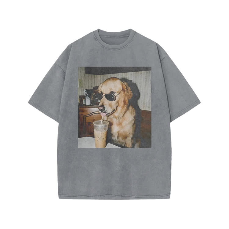 Vintage Dog Photo Print Acid Washed T-shirt - Grey - US20-22(3XL) - image 3