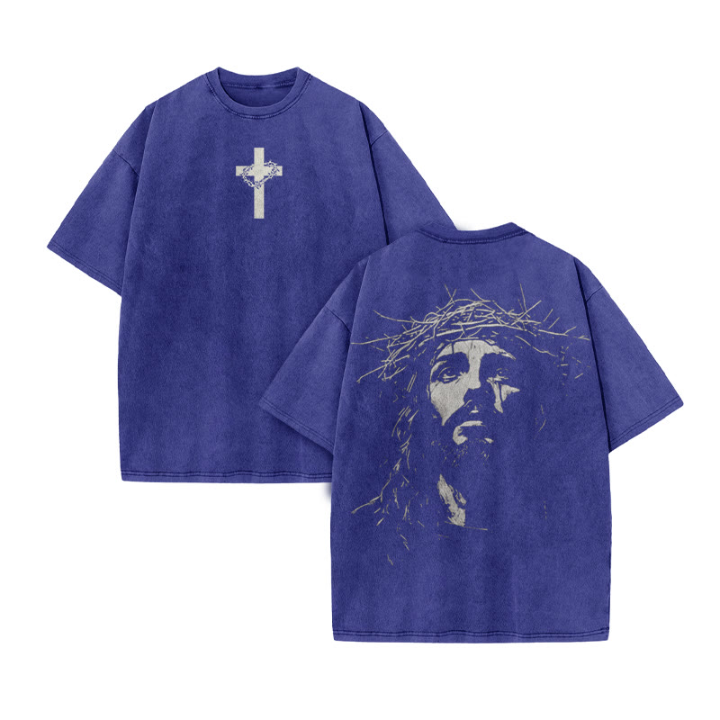 Unisex Jesus Face Print Acid Washed T-shirt - Blue - US20-22(3XL) - image 10