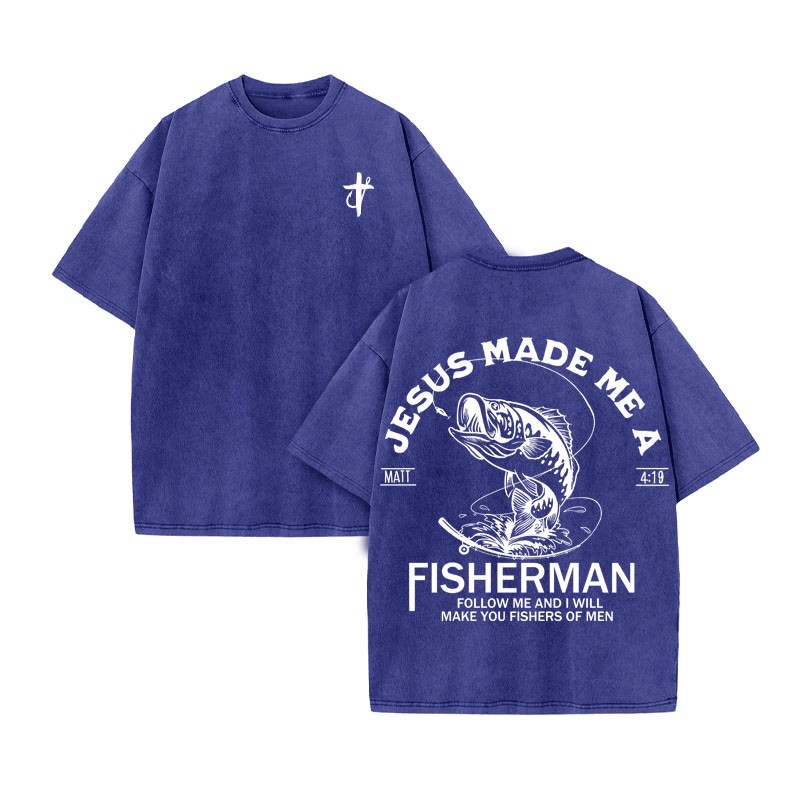 Unisex 100% Cotton Jesus Made Me A Fisherman  Print Acid Washed T-shirt - Blue - US20-22(3XL) - image 10