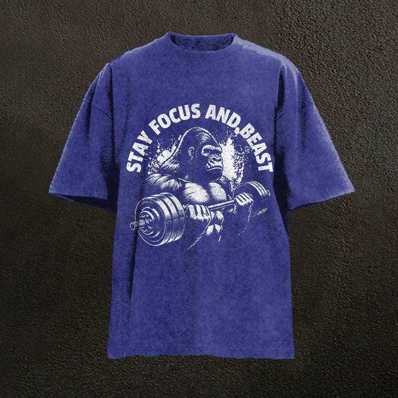 100% Cotton Stay Focus And Beast Gym Print Acid Washed T-shirt - Blue - US20-22(3XL) - image 5