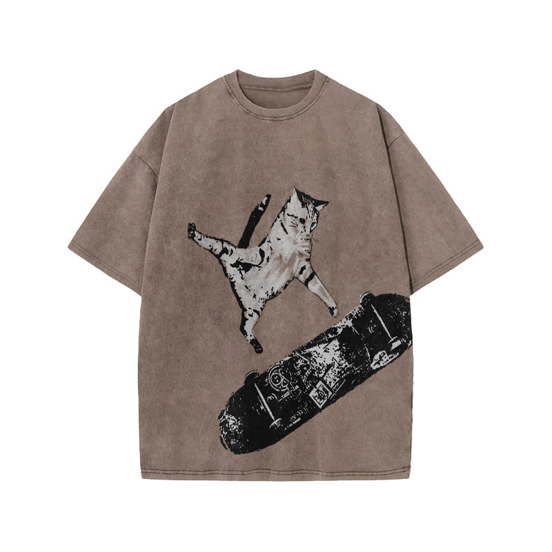 Unisex 100% Cotton Street Skate Cat Print Acid Washed T-shirt - Coffee - US20-22(3XL) - image 3