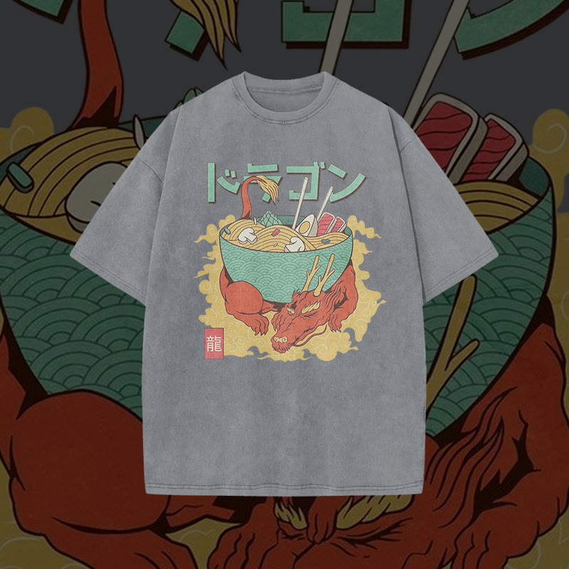 Unisex 100% Cotton Ramen On The Dragon Print Acid Washed T-shirt