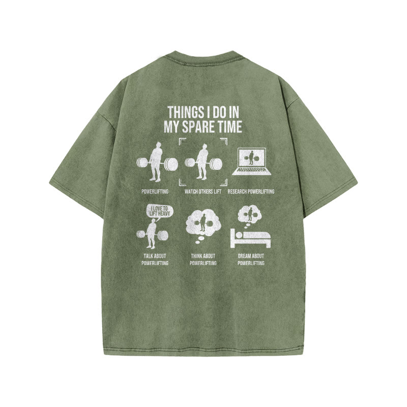 100% Cotton Things I Do  In My Spare Time Gym Print Acid Washed T-shirt - Army Green - US20-22(3XL) - image 6
