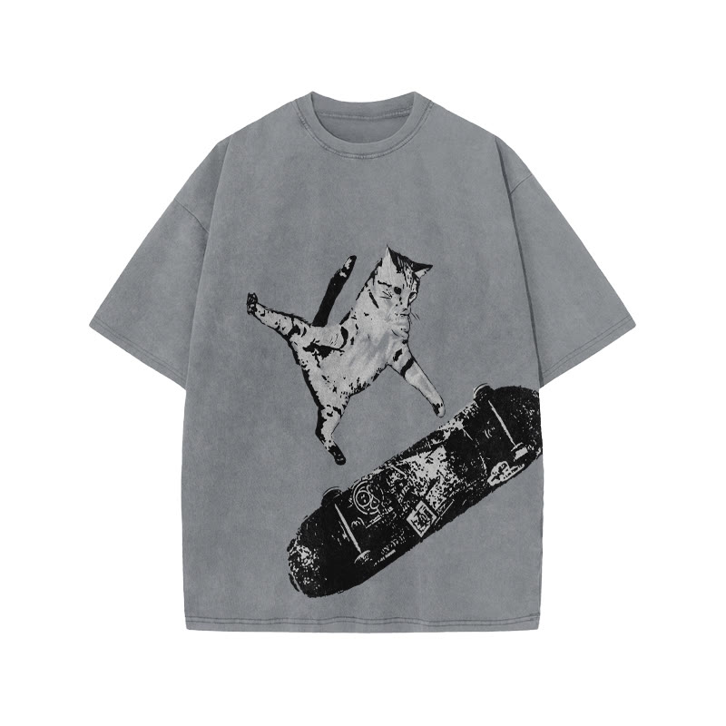 Unisex 100% Cotton Street Skate Cat Print Acid Washed T-shirt - Grey - US20-22(3XL) - image 4