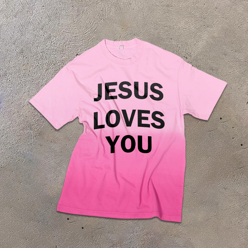 Unisex Jesus Loves You Print Ombre Acid Washed T-shirt - Pink - US24-26(4XL) - image 3