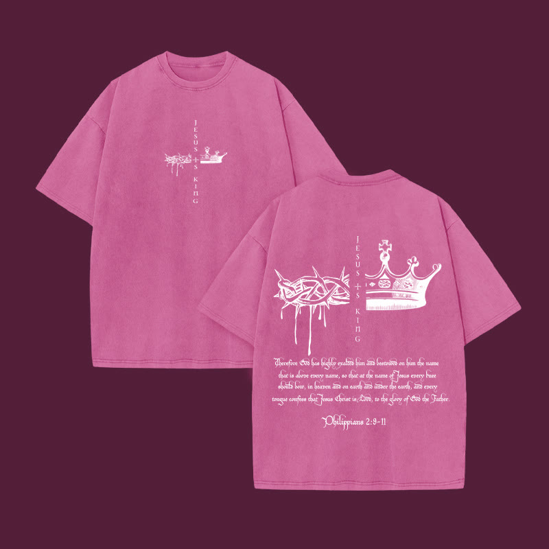 Unisex 100% Cotton JESUS IS KING Print Acid Washed T-shirt - Pink - US20-22(3XL) - image 4