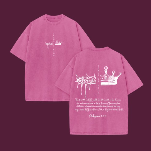 Unisex 100% Cotton JESUS IS KING Print Acid Washed T-shirt - Pink - US20-22(3XL) - image 4