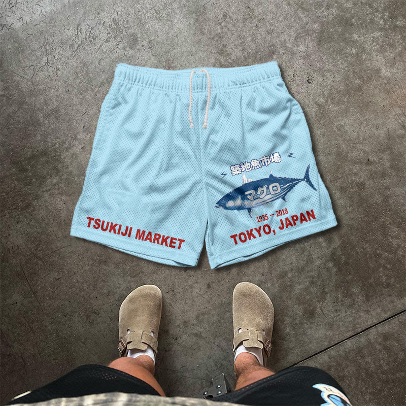 Tsukiji Market Print Causal Mesh Shorts