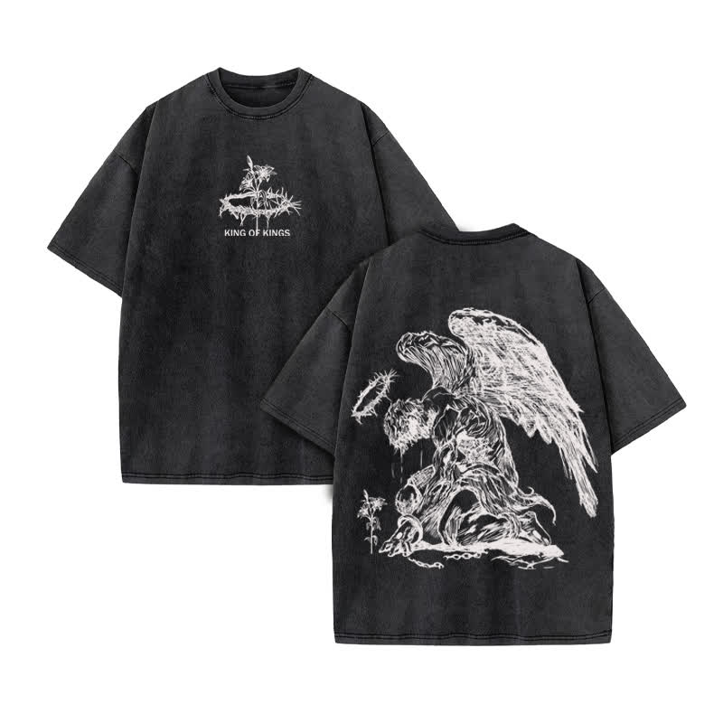 Unisex 100% Cotton Flower Of Hope King Of Kings Print Acid Washed T-shirt - Black - US20-22(3XL) - image 3