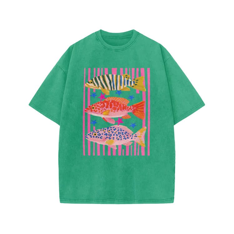 Playful Tropical Fis Graphic Print Acid Washed T-Shirt - Green - US20-22(3XL) - image 7