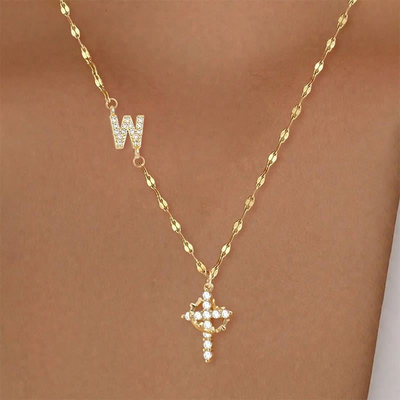 Rhinestone Letter Cross Pendant Necklace - W - one size - image 27
