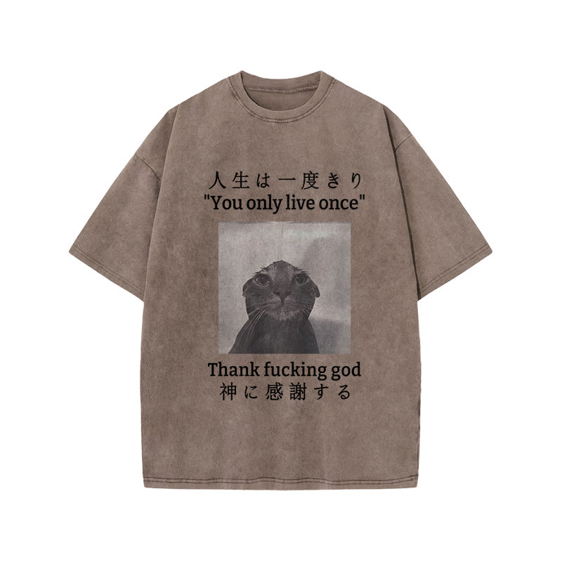 Unisex 100% Cotton Funny Melancholy Cat Print Acid Washed T-shirt