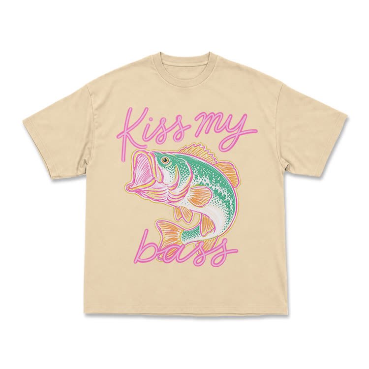 Casual Kiss My Bass Fish Graphic T-Shirt - Apricot - US16-18(2XL) - image 4