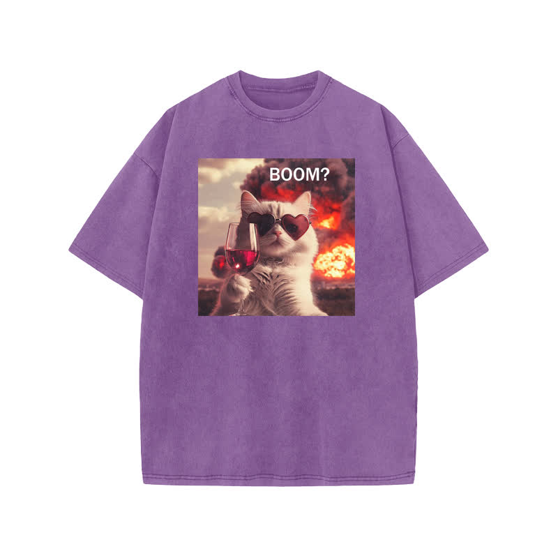 Unisex 100% Cotton Elegant And Calm Cat Print Acid Washed T-shirt - Purple - US20-22(3XL) - image 9
