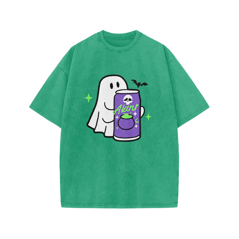 Unisex 100% Cotton Cute Ghost Print Acid Washed T-shirt - Green - US20-22(3XL) - image 8