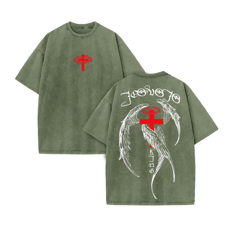 Unisex 100% Cotton JESUS IS KING Four-winged Cross Print Acid Washed T-shirt - Army Green - US20-22(3XL) - image 6