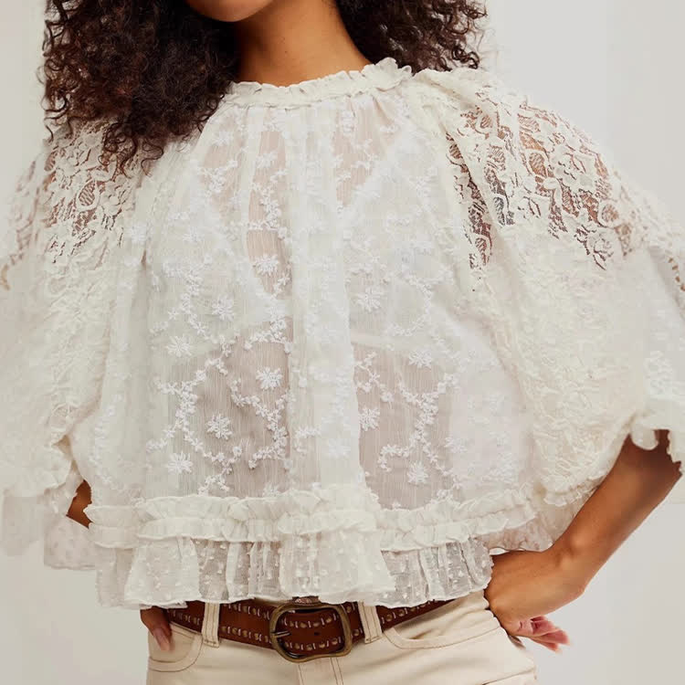 Solid Color Lace Ruffle Batwing Sleeve T-shirt - image 4