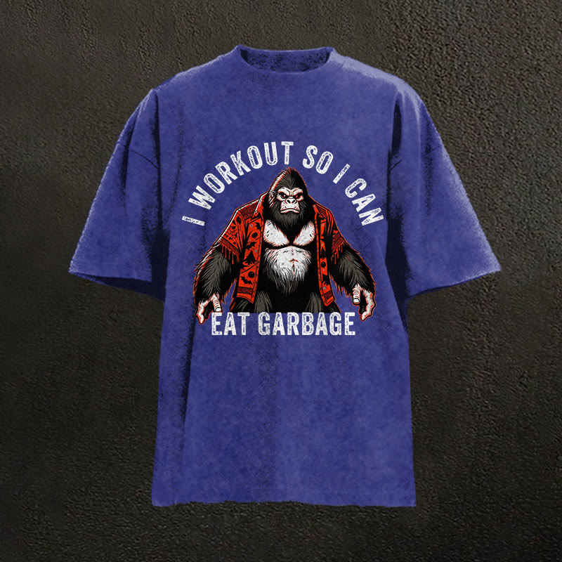 100% Cotton I Workout So I Can Eat Garbage Gym Print Acid Washed T-shirt - Blue - US20-22(3XL) - image 5