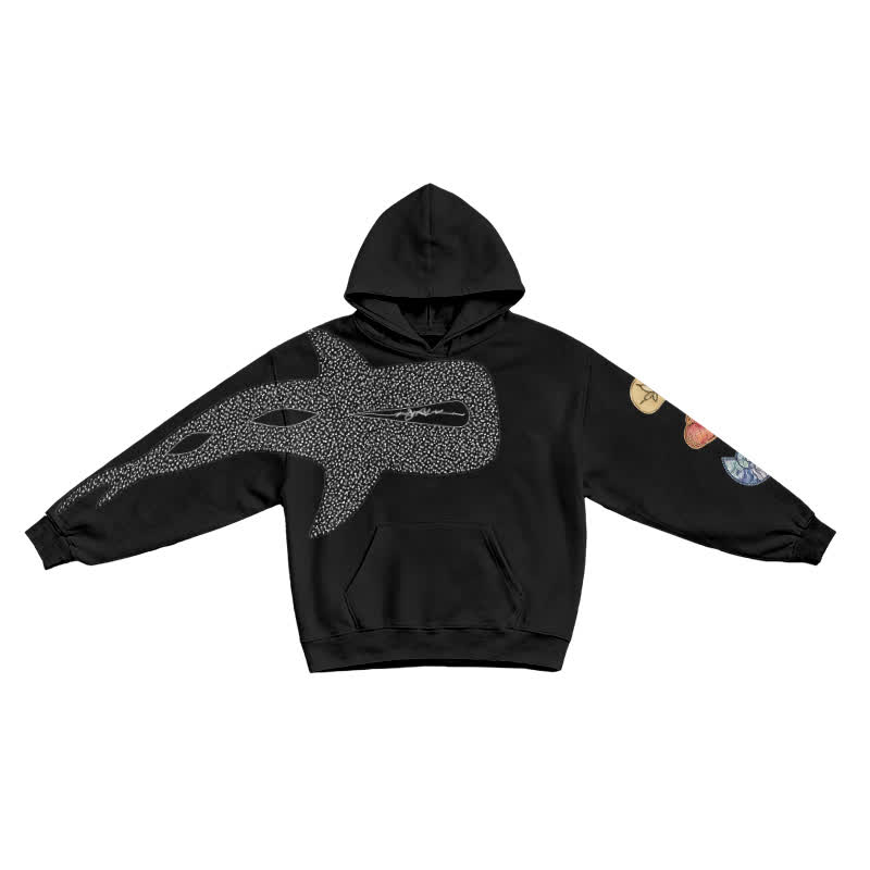 Urban Streetwear Asymmetric Fish Motif Long Sleeve Graphic Print Hoodie - Black - US16-18(2XL) - image 6