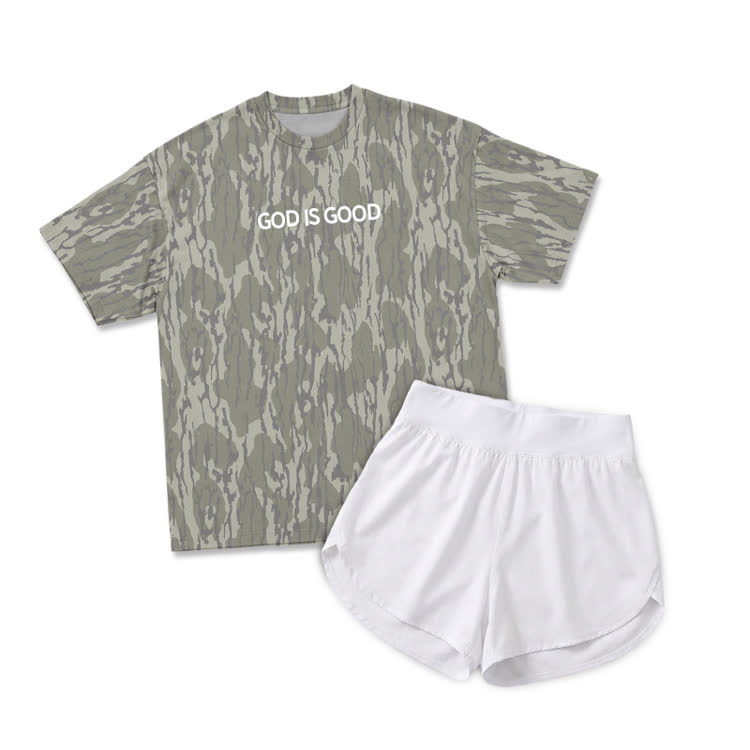 Vintage Camo GOD IS GOOD Print T-Shirt & Short Two Piece Set - Khaki - 2XL - image 3