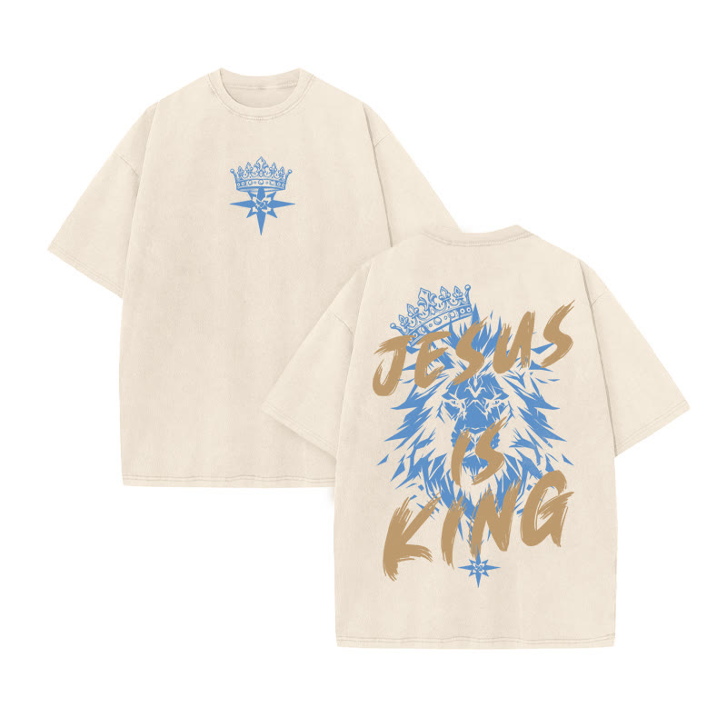 Unisex 100% Cotton JESUS IS KING print Acid Washed T-shirt - Beige - US20-22(3XL) - image 6