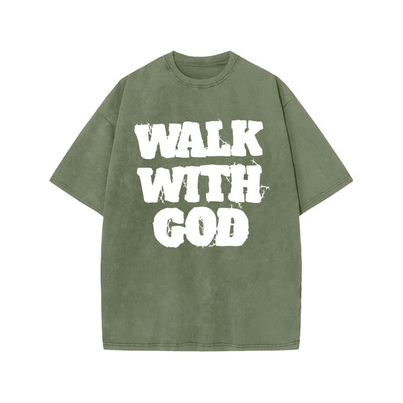 Unisex 100% Cotton Walk With God Thorn Lines Print Acid Washed T-shirt - Army Green - US20-22(3XL) - image 5