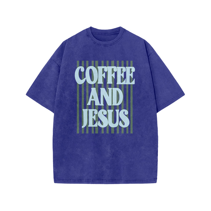 Unisex 100% Cotton Coffee And Jesus Print Acid Washed T-shirt - Blue - US20-22(3XL) - image 8