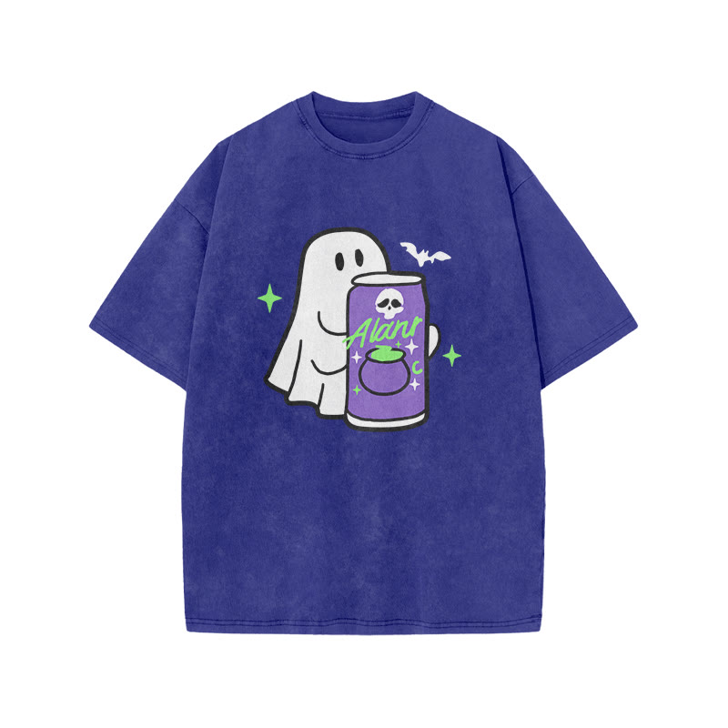 Unisex 100% Cotton Cute Ghost Print Acid Washed T-shirt - Blue - US20-22(3XL) - image 7