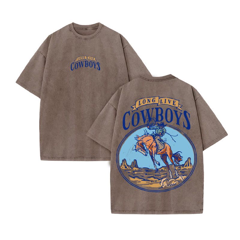 Unisex 100% Cotton COWBOYS Western Style Print Acid Washed T-shirt