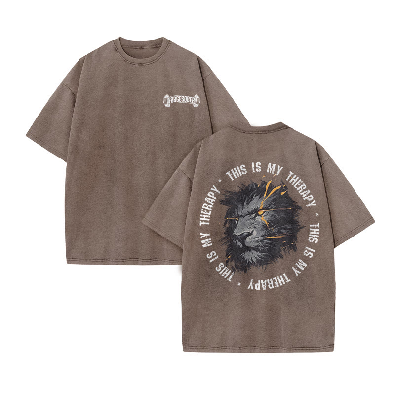 100% Cotton This Is My Therapy Gym Print Acid Washed T-shirt - Coffee - US20-22(3XL) - image 7