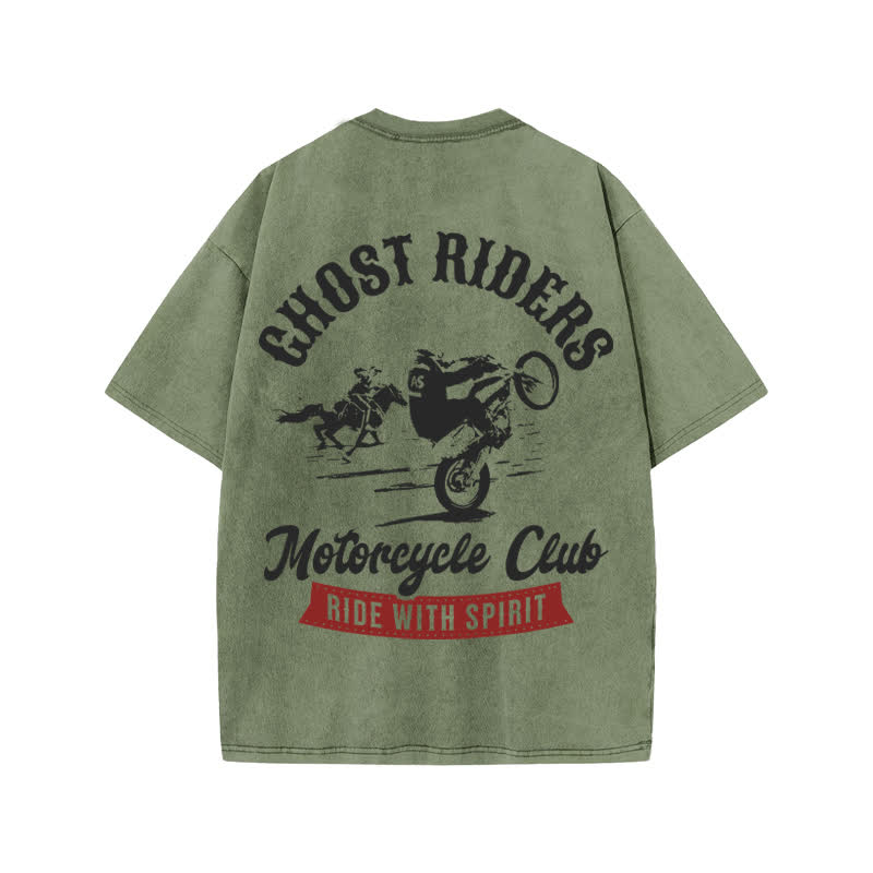 Unisex Ride With Spirit Print Acid Washed T-shirt - Army Green - US20-22(3XL) - image 5
