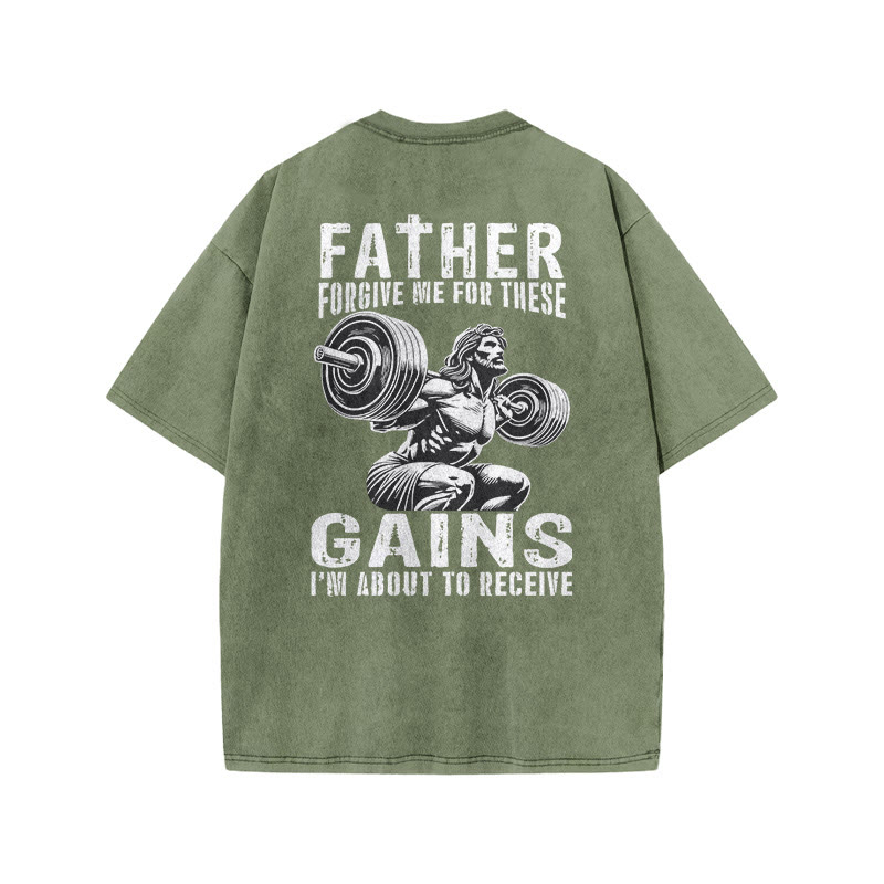 Gym 100% Cotton FATHER & GAINS Print Acid Washed T-shirt - Army Green - US20-22(3XL) - image 6
